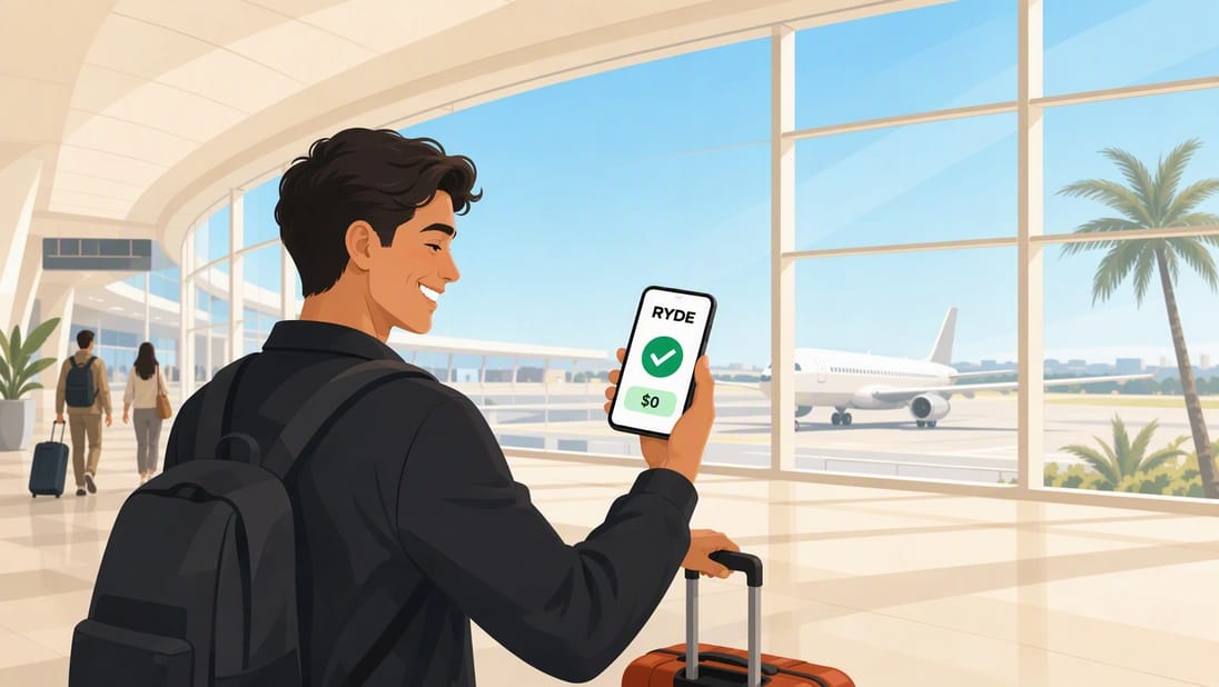 Traveler in an airport terminal checking a confirmed Ryde booking on their phone